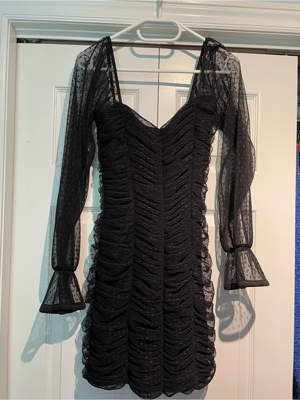 Revamped Black Ruched Sheer Long-Sleeve Mini Dress
